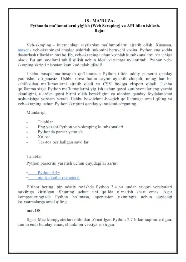 Pythonda ma’lumotlarni yig‘ish (Web Scraping) va API bilan ishlash.
