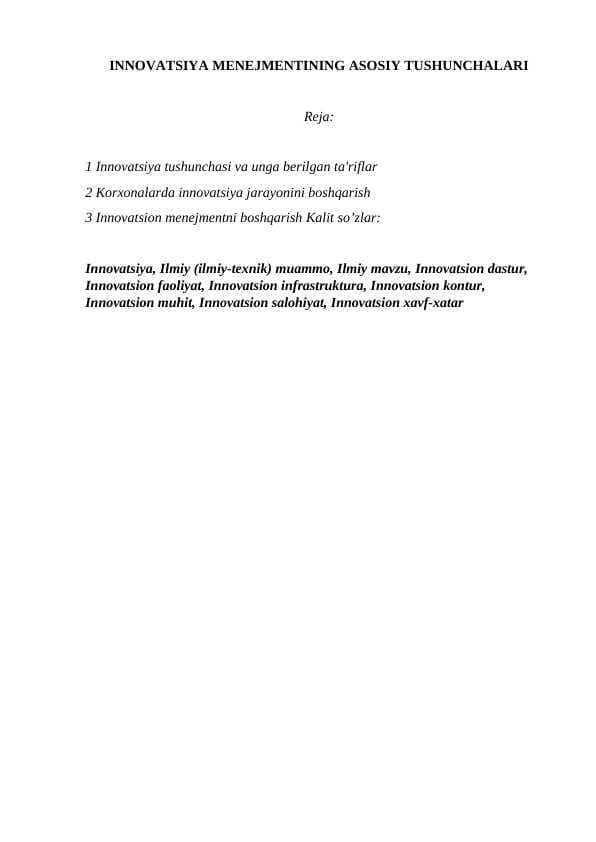 INNOVATSIYA MENEJMENTINING ASOSIY TUSHUNCHALARI