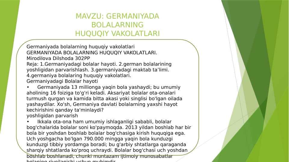 GERMANIYADA BOLALARNING HUQUQIY VAKOLATLARI