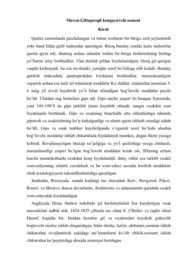 Giltuproqli kengayuvchi sement