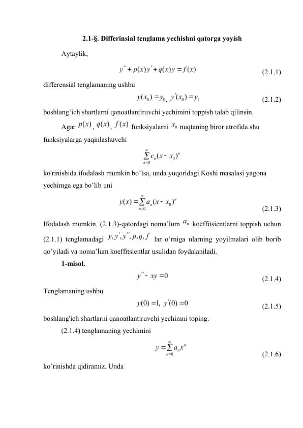 Differensial tenglama yechishni qatorga yoyish