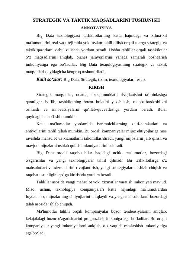 STRATEGIK VA TAKTIK MAQSADLARINI TUSHUNISH