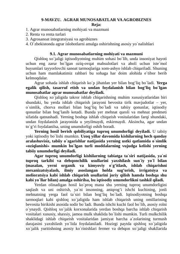 Agrar munosabatlar va agrobiznes