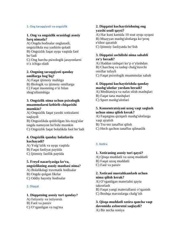 Psixologiya fanidan testlar
