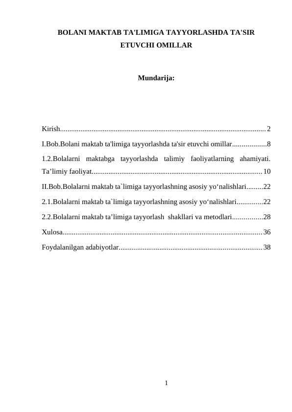 BOLANI MAKTAB TA'LIMIGA TAYYORLASHDA TA'SIR ETUVCHI OMILLAR