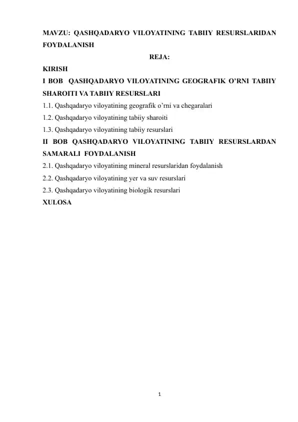 QASHQADARYO VILOYATINING TABIIY RESURSLARIDAN FOYDALANISH