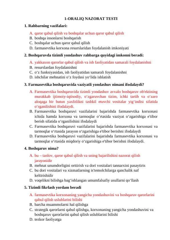 Farmakologik nazorat fanidan 2-Oraliq nazorat javoblar