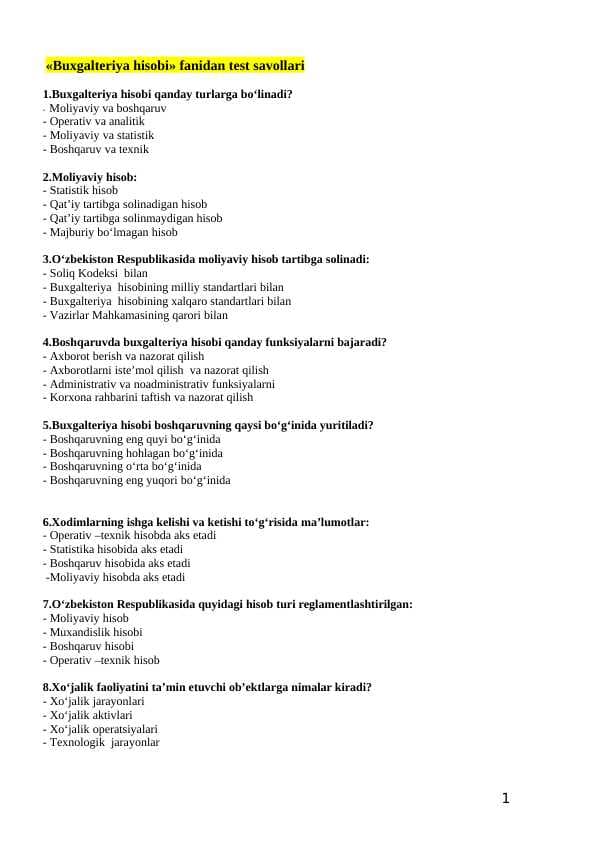 Buxgalteriya fanidan 204 ta testlar