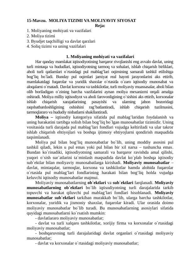 Moliya tizimi va moliyaviy siyosat