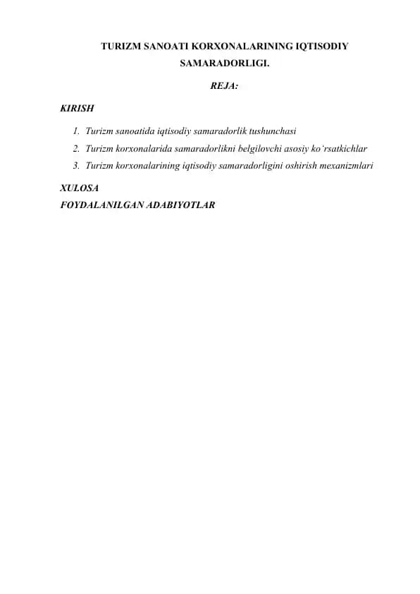 TURIZM SANOATI KORXONALARINING IQTISODIY SAMARADORLIGI.