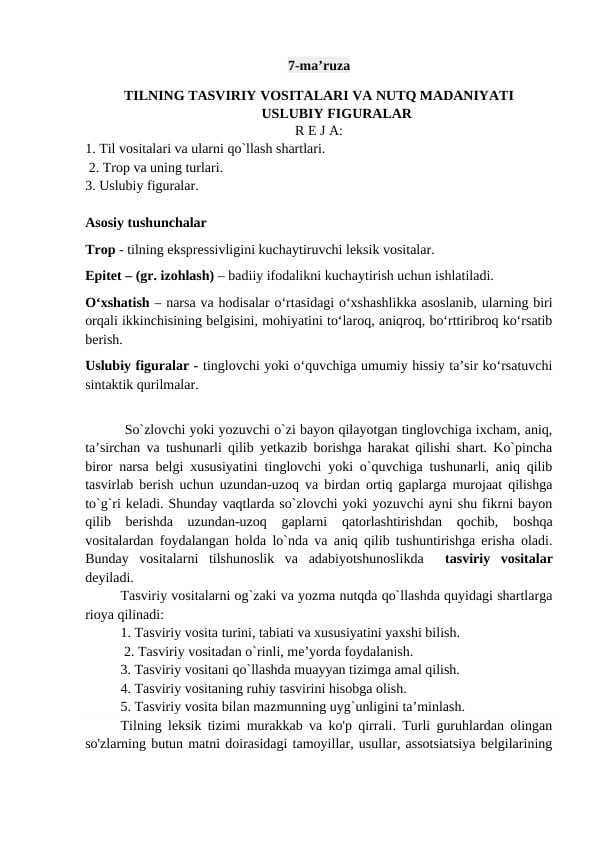 TILNING TASVIRIY VOSITALARI VA NUTQ MADANIYATI USLUBIY FIGURALAR