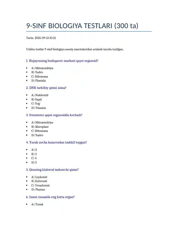 9-SINF BIOLOGIYA TESTLARI (300 ta)