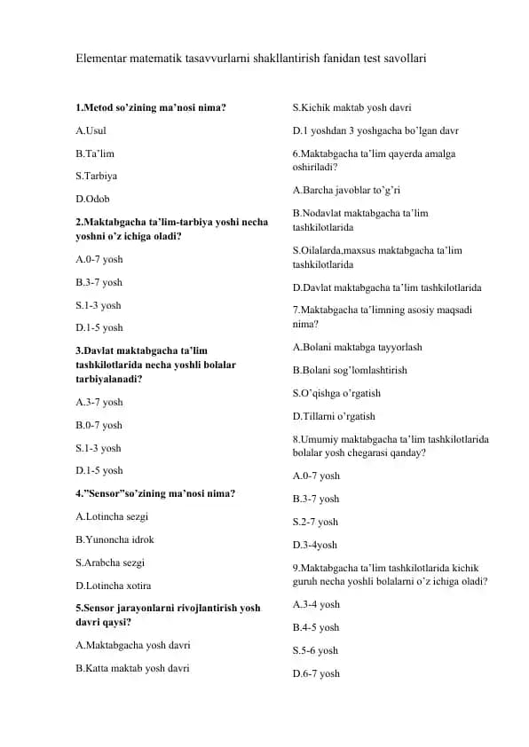 Elementar matematik tasavvurlarni shakllantirish fanidan test savollari