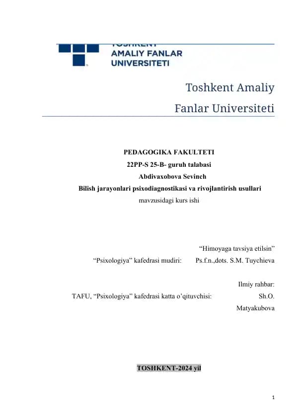 Bilish jarayonlari psixodiagnostikasi va rivojlantirish usullari