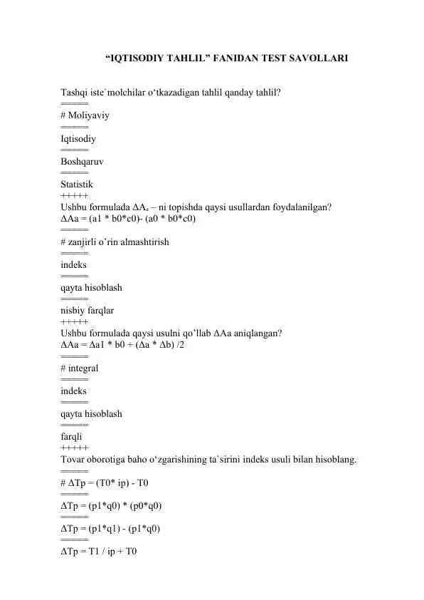 IQTISODIY TAHLIL” FANIDAN TEST SAVOLLARI