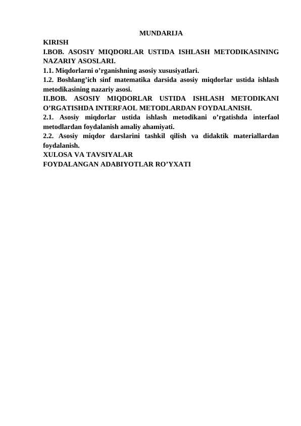 ASOSIY MIQDORLAR USTIDA ISHLASH METODIKASI