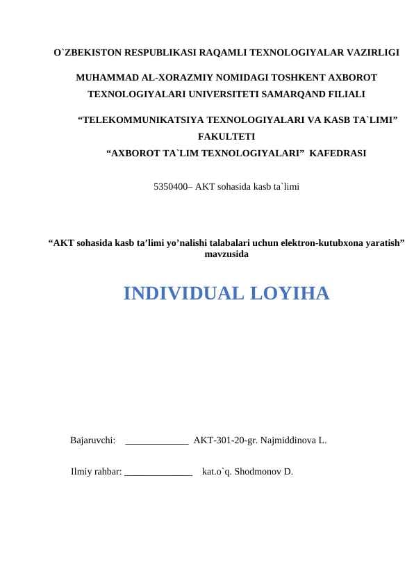 “AKT sohasida kasb ta’limi yo’nalishi talabalari uchun elektron-kutubxona yaratish”
