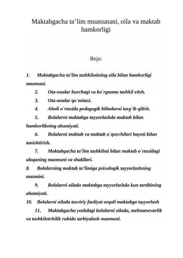 Maktabgacha ta’lim muassasasi, oila va maktab hamkorligi