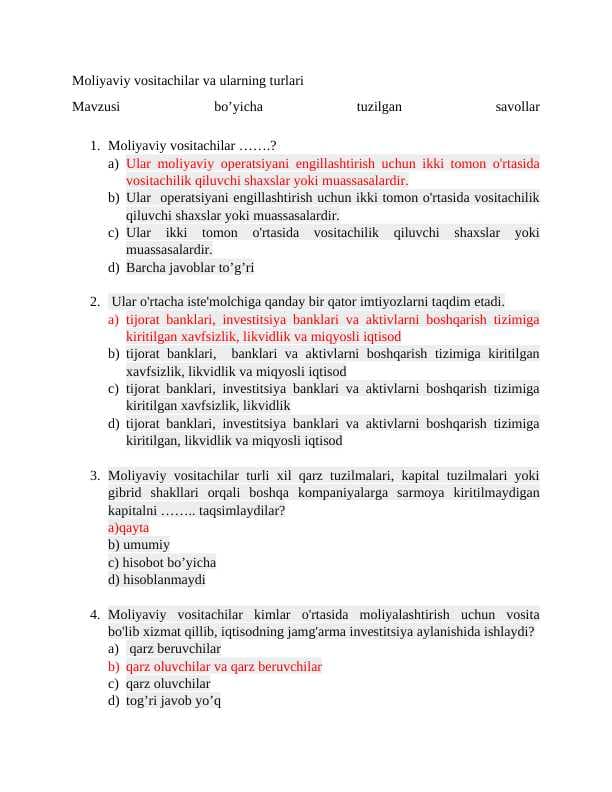 Moliyaviy vositachilar va ularning turlari SAVOLLAR JAVOBLARI BILAN