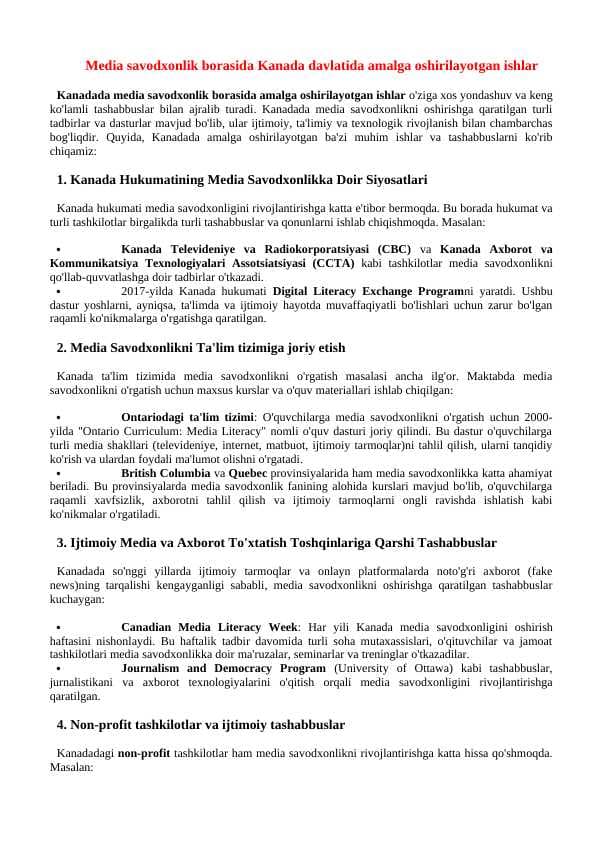 Media savodxonlik borasida Kanada va Singapur davlatida amalga oshirilayotgan ishlar