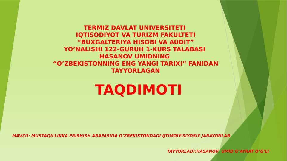 MUSTAQILLIKKA ERISHISH ARAFASIDA O’ZBEKISTONDAGI IJTIMOIY-SIYOSIY JARAYONLAR