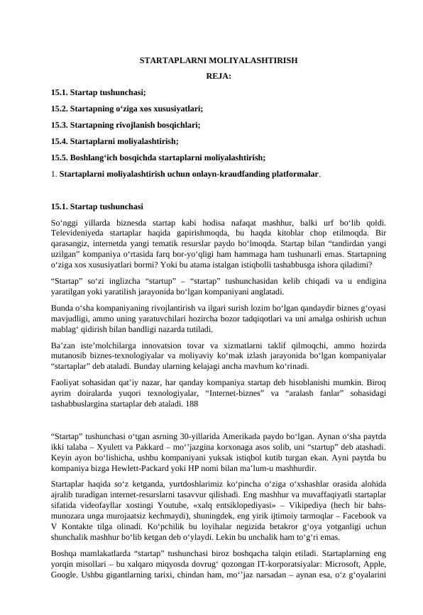 Startaplarni moliyalashtirish