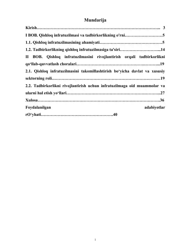 Qishloq Infratuzilmasi va Tadbirkorlik