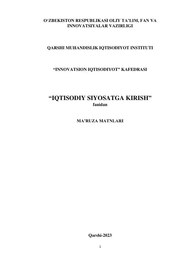 Ma'ruzalar seriyasi "Iqtisodiy siyosatga kirish"