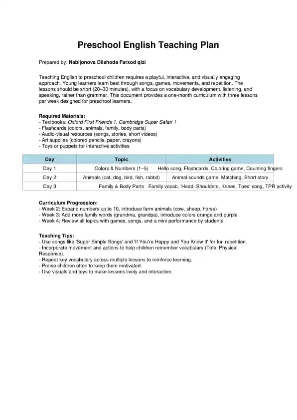 Preschool English Teaching Plan