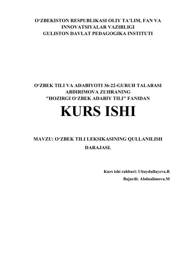 O‘zbek Tili Leksikasining Qullanilish Darajasi Kurs ishi
