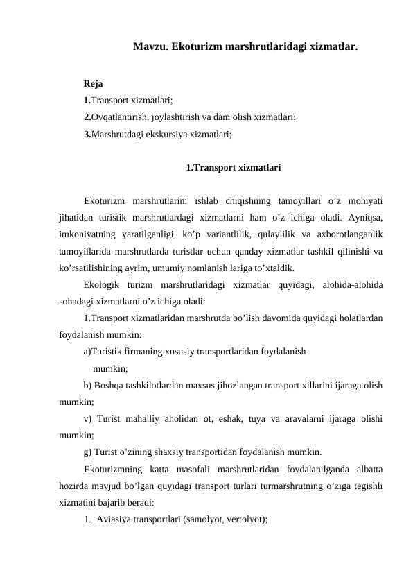 Ekоturizm mаrshrutlаridаgi xizmаtlаr.