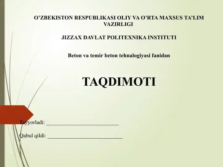 Maydadonalik beton va yengil betonlar tarkibini hisoblash