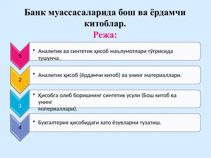 Банк муассасаларида бош ва ёрдамчи китоблар