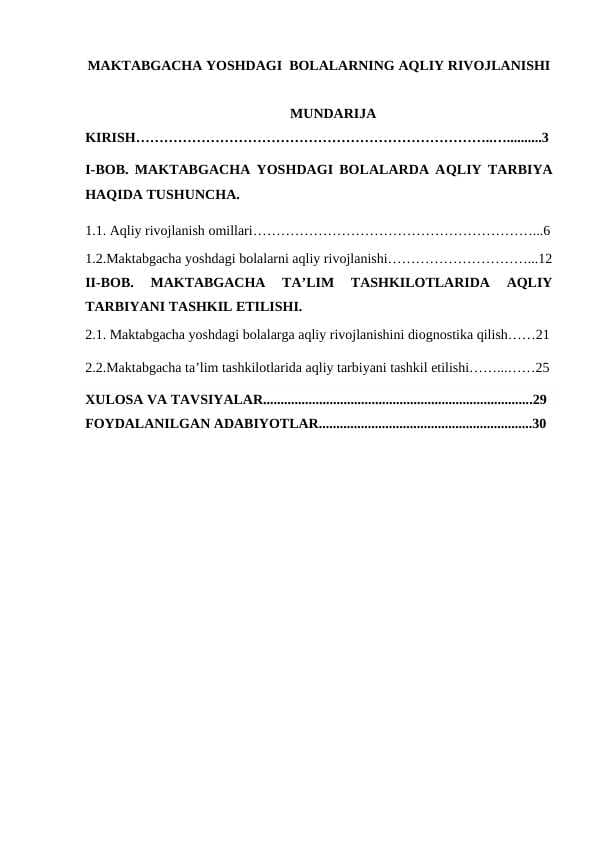 MAKTABGACHA YOSHDAGI  BOLALARNING AQLIY RIVOJLANISHI