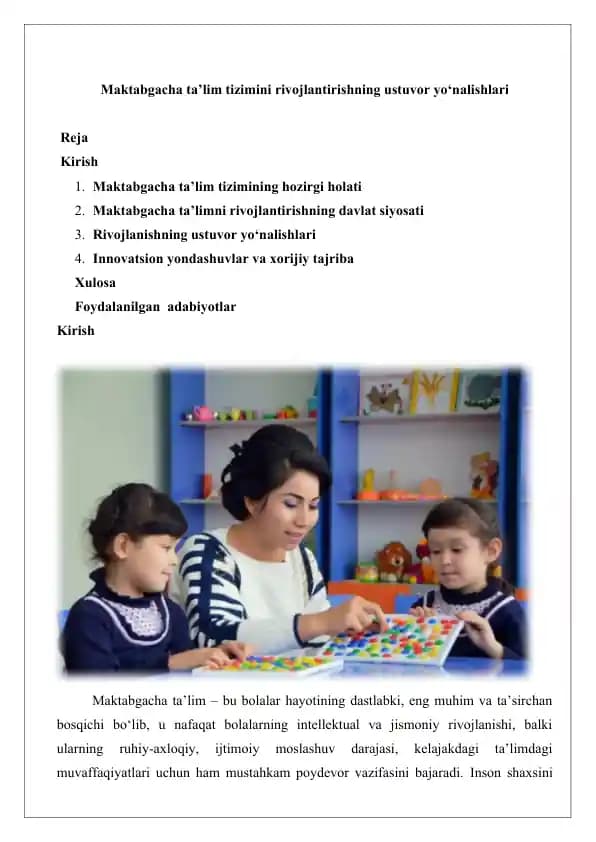 Maktabgacha ta’lim tizimini rivojlantirishning ustuvor yo‘nalishlari