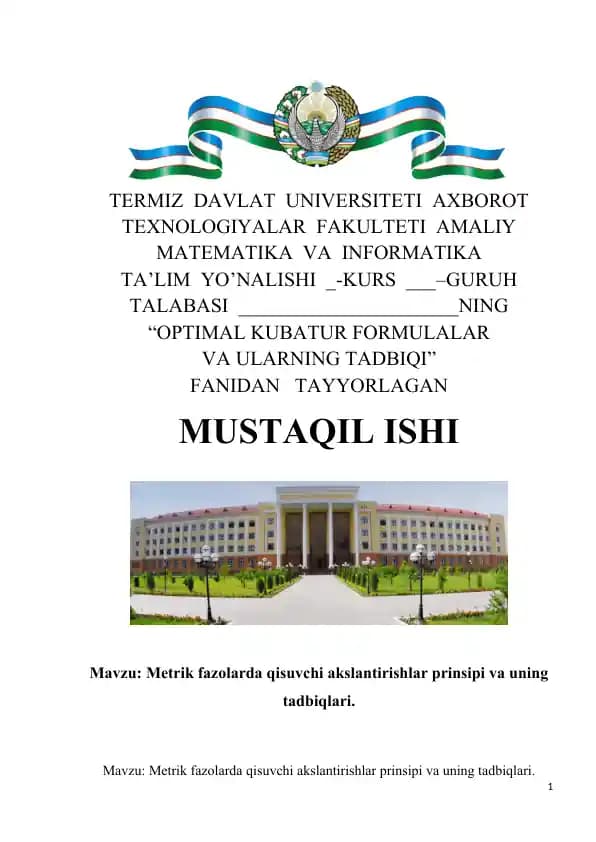 Optimal Kubatur Formulalar va Ularning Tadbiqi