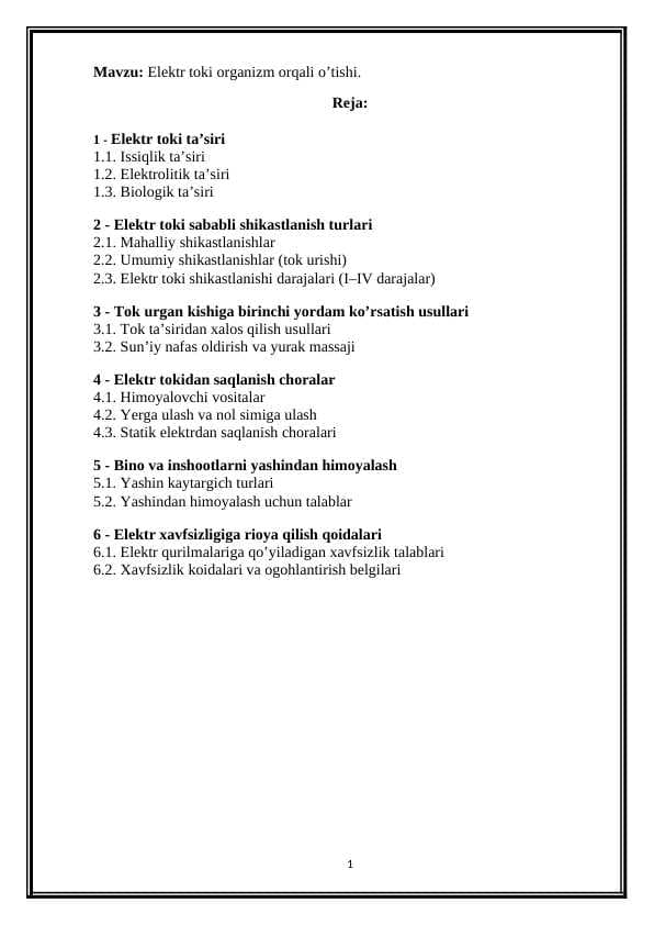 Elektr toki organizm orqali o’tishi