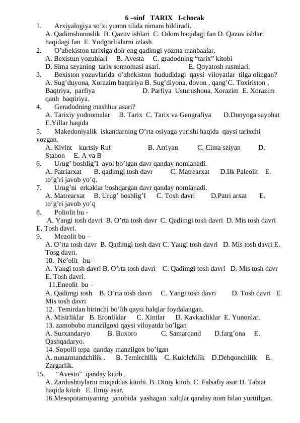 6-sinf tarix chorak test (Javoblari bilan)
