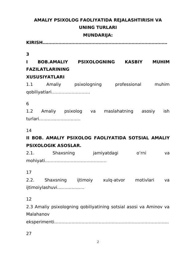 AMALIY PSIXOLOG FAOLIYATIDA REJALASHTIRISH VA UNING TURLARI