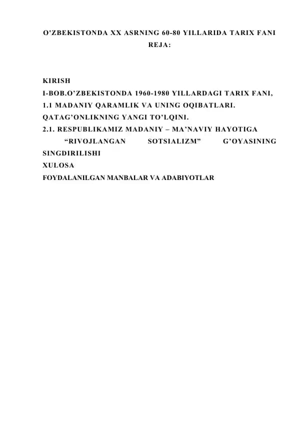 Tarix fanining o'zbekiston XX asrning 60-80 yillarida