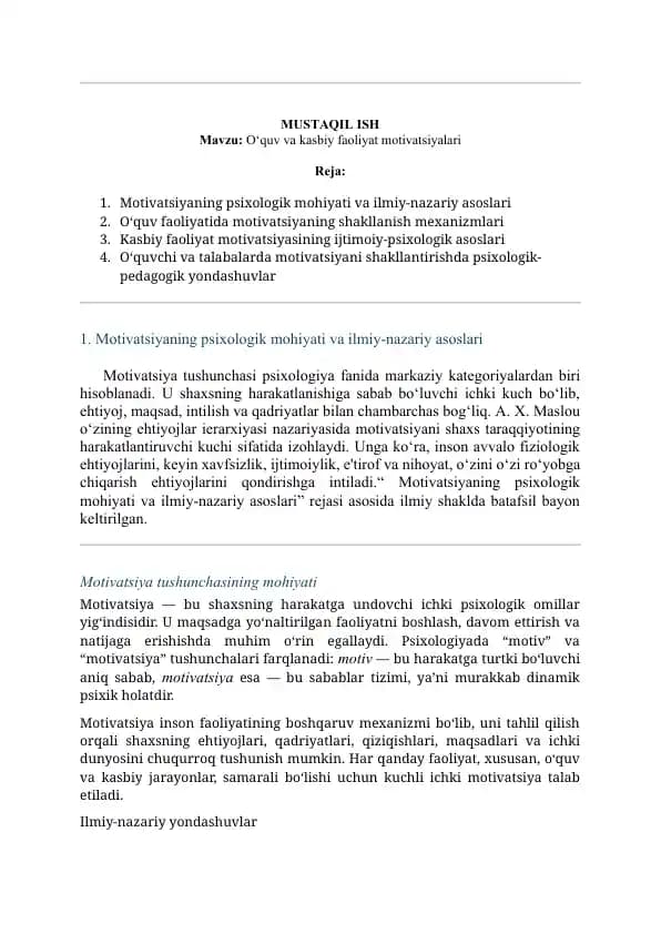 O‘quv va kasbiy faoliyat motivatsiyalari