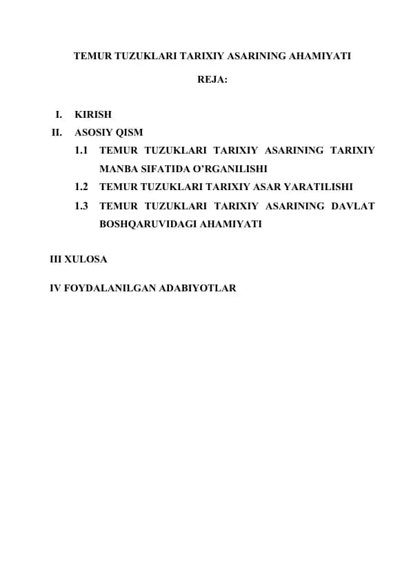 Temur Tuzuklari Tarixiy Asarining Ahamiyati