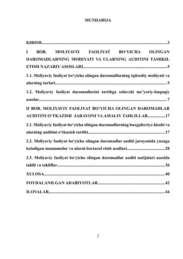Moliyaviy faoliyat bo'yicha olingan daromadlar auditi va ularning tahlil