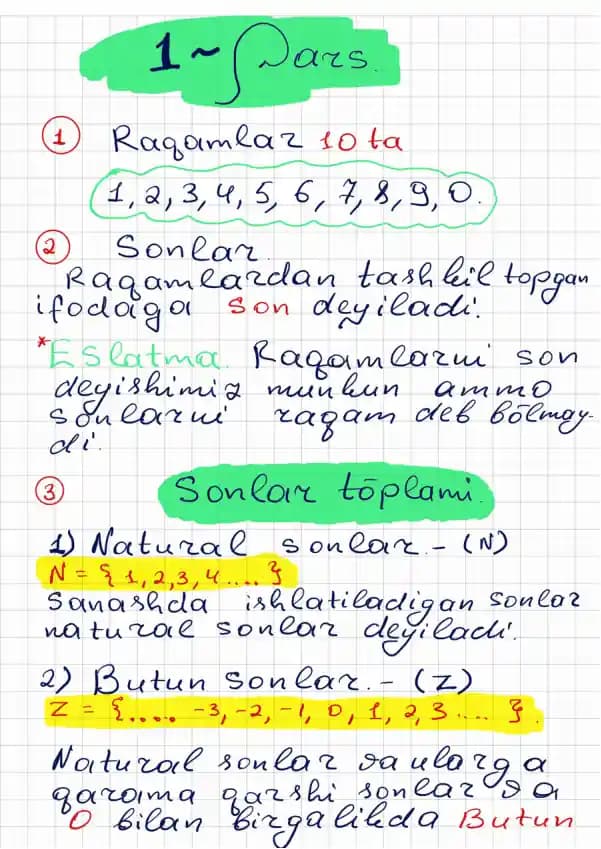 Natural sonlar va ular ustida amallar dars