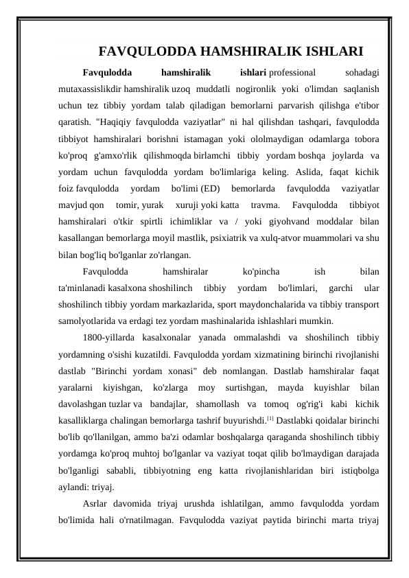 FAVQULODDA HAMSHIRALIK ISHLARI