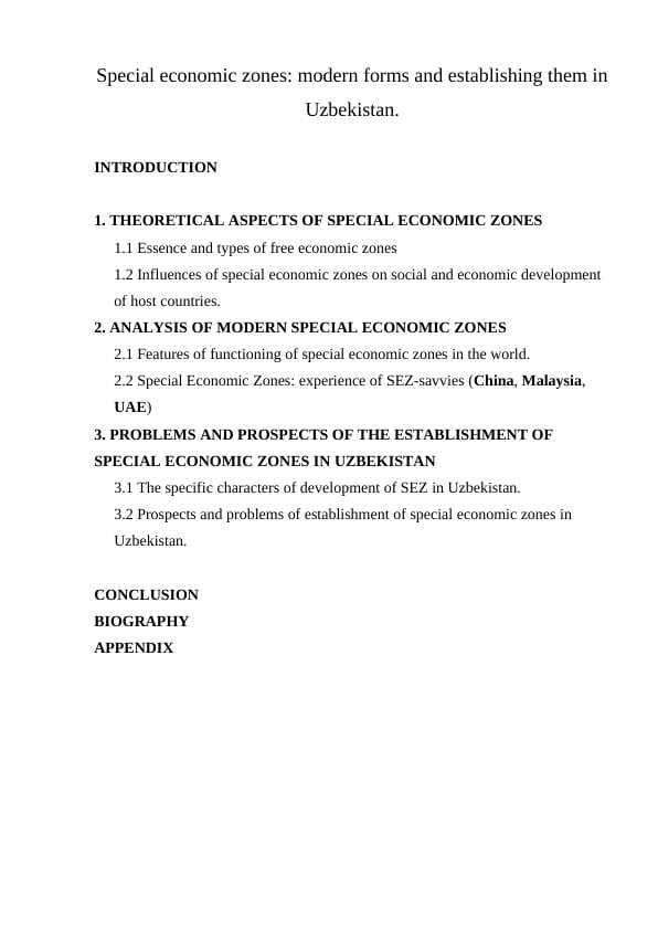 Special economic zones modern forms and establishing them in Uzbekistan.