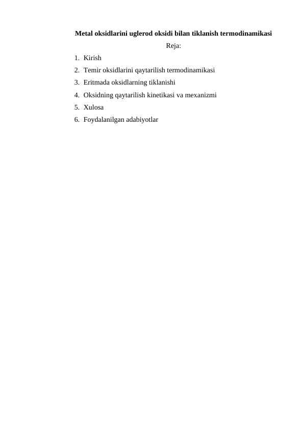 Metal oksidlarini uglerod oksidi bilan tiklanish termodinamikasi