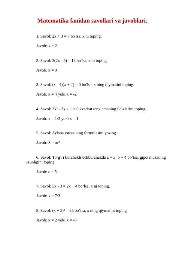 Matematika fanidan test savollari va javoblari