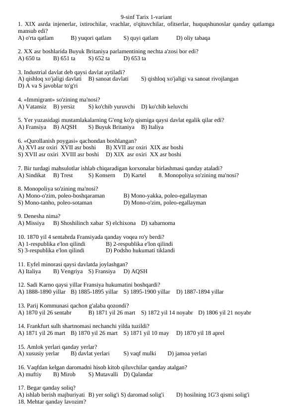 9-sinf tarix 1-chorak testi javoblari bilan