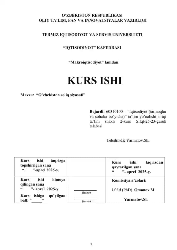 KURS ISHI O’zbekiston soliq siyosati
